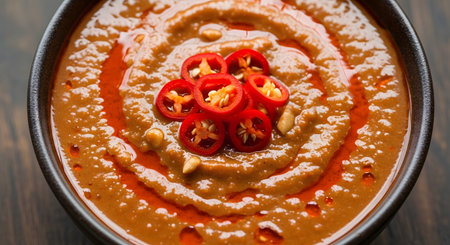 A delicious close-up of a bowl of rich and creamy Indonesian peanut sauce, also known as satay sauce or bumbu kacang. The savory dip is garnished with swirls of chili oil and freshly sliced red chili peppers, showcasing a popular and flavorful Asian condiment.の素材
