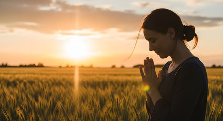 A serene silhouette of a young woman with her hands clasped in prayer, standing in a golden wheat field during a beautiful sunset. The warm, peaceful light creates a spiritual atmosphere, representing faith, hope, and gratitude.の素材