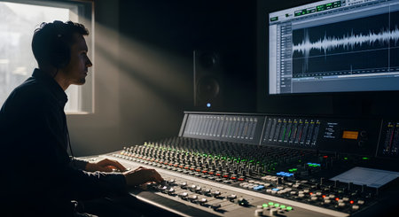 A professional sound engineer wearing headphones works intently at a large mixing console in a dimly lit recording studio. A ray of light illuminates him as he adjusts the controls, with an audio waveform visible on a large monitor in the background.の素材