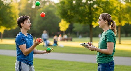 A young person is concentrating on juggling three colorful balls in a sunny park, while a smiling woman stands beside them taking notes on a clipboard. This scene depicts a research study, a coaching session, or the process of learning a new skill.の素材