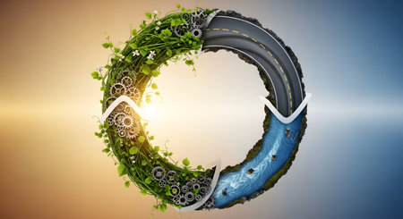 A conceptual image depicting a circular economy, showing a ring divided into three sections: green nature with vines and gears, an asphalt road, and a flowing water river. Arrows indicate a continuous loop, symbolizing sustainability, recycling, and the balance between nature and industrial development.の素材