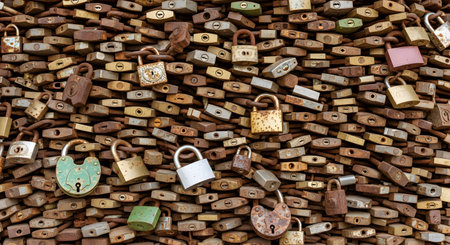 A close-up texture shot of a large collection of padlocks, mostly old and rusty, attached to a fence or bridge. These 'love locks' of various shapes and sizes symbolize unbreakable love and commitment.の素材