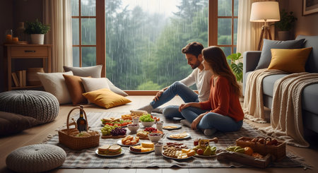 A young couple enjoys a cozy indoor picnic on the living room floor, surrounded by pillows and blankets. A large window behind them shows a rainy forest scene, while they have a spread of sandwiches, cheese, fruits, and wine in front of them.の素材