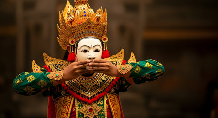 A performer in an elaborate, traditional Balinese dance costume holds their hands over their mouth. The costume features a white mask, an ornate golden headdress (gelungan), and a rich green and gold brocade outfit (kain).の素材