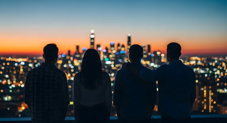 The silhouettes of four friends,three men and one woman,are seen from behind as they stand on a rooftop overlooking a glowing city skyline at twilight. One person has their arm around another,conveying friendship and shared experience. The sky transitions from orange and red at the horizon to deep blue above.の素材