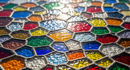 A vibrant, close-up macro photograph of a colorful stained glass window. Sunlight streams through the textured, hexagonal panes of red, blue, green, yellow, and orange glass, causing them to sparkle. The individual pieces are joined by dark lead cames, creating an intricate, glowing pattern.の素材
