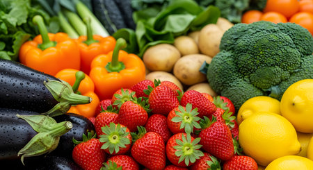 A vibrant, close-up arrangement of fresh fruits and vegetables. The colorful harvest includes bright red strawberries, orange bell peppers, purple eggplants, green broccoli, yellow lemons, potatoes, and other leafy greens, symbolizing healthy eating and nutrition.の素材