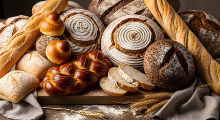 A rustic assortment of freshly baked artisan bread, including baguettes, round loaves with spiral scoring, braided challah, and buns. The bread is arranged on a wooden table with wheat stalks, creating a warm, wholesome bakery scene.の素材