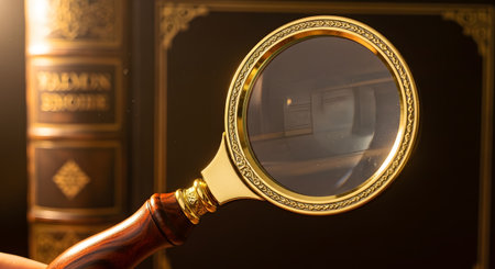 A vintage-style magnifying glass with a wooden handle and ornate gold frame is held up in front of old, leather-bound books. The lens is in sharp focus, while the background is softly blurred, emphasizing concepts of research, inspection, and discovery.の素材