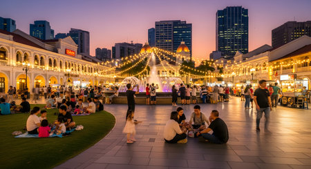 A lively city square at dusk, filled with people relaxing, socializing, and walking. String lights illuminate the scene above a central fountain, with historic-style buildings and modern skyscrapers in the background, creating a vibrant urban atmosphere.の素材