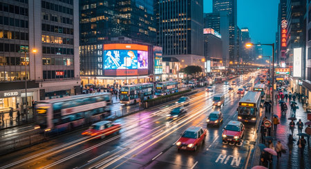 A long-exposure shot of a busy city street in Hong Kong at dusk or night. Bright light trails from moving traffic, including cars and double-decker buses, illuminate the wet road, while skyscrapers and glowing neon signs light up the urban landscape.の素材