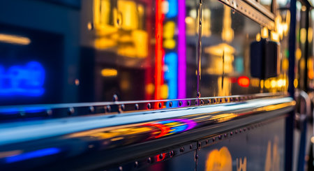 A close-up, abstract view of a shiny, dark blue vehicle, possibly a bus or truck, reflecting vibrant city lights at night. Colorful neon signs in red, yellow, and blue create a blurred, bokeh effect on the glossy, riveted metal surface. The image evokes a sense of urban nightlife and energy.の素材