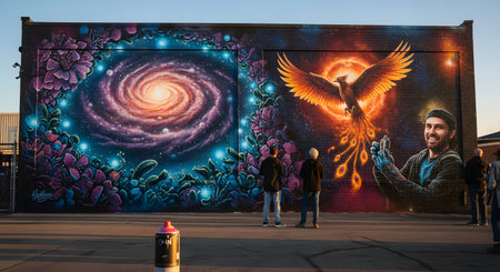 A large, vibrant street art mural painted on the side of a brick building, depicting a colorful spiral galaxy and a fiery phoenix. People stand in the parking lot admiring the artwork, which also features a portrait of the artist.の素材