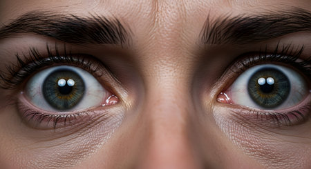 A close-up macro shot of a person's wide-open eyes,staring directly at the camera with an expression of shock,fear,or intense surprise. The eyes are green-hazel,with visible blood vessels,and the pupils are slightly dilated. The surrounding skin shows fine lines and pronounced eyebrows.の素材