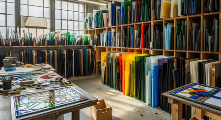 A stained glass workshop or studio, filled with materials. Shelves are packed with colorful sheets of glass, and a workbench in the foreground holds tools and a partially completed stained glass panel.の素材
