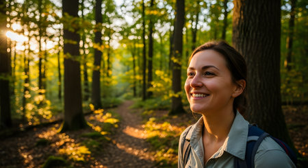 A happy woman with a backpack smiles as she hikes on a trail through a lush, green forest. The warm, golden light of the setting or rising sun streams through the trees, creating a beautiful bokeh effect. She looks off-camera with a peaceful, content expression, embodying concepts of nature, well-being, travel, and tranquility.の素材