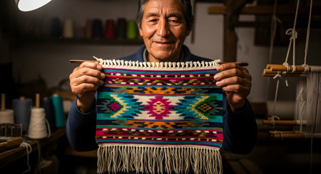A smiling elderly man, possibly an artisan, proudly holds up a small, colorful, handwoven textile or rug with intricate geometric patterns and a fringed edge. He is in his workshop, with looms and spools of yarn visible in the background.の素材