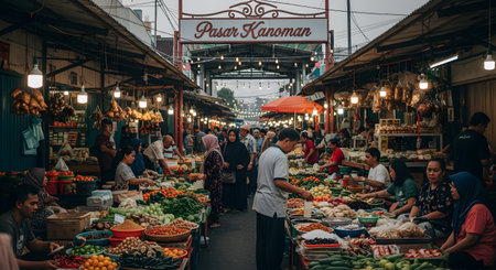 A bustling scene at Pasar Kanoman, a traditional outdoor market in Indonesia. Shoppers and vendors gather under awnings, surrounded by crowded stalls overflowing with fresh fruits, vegetables, spices, and other goods.の素材