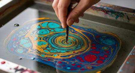 A close-up shot of an artist's hand holding a stylus, carefully manipulating colorful pigments floating on the surface of water in a tray. This process is for creating traditional paper marbling, or Ebru art, resulting in swirling, organic patterns in blue, yellow, and red. The image captures a moment of creativity, craft, and fluid dynamics.の素材
