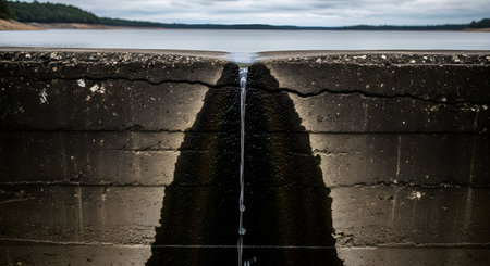 A close-up view of a concrete dam wall with a visible crack running horizontally. A small, steady stream of water leaks from a central point, staining the textured concrete, symbolizing pressure, aging infrastructure, or a potential problem.の素材