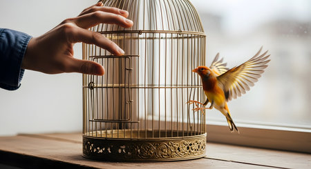 A hand is shown opening the door of an ornate, vintage-style brass birdcage, allowing a small, colorful yellow and orange bird to fly out. The bird is captured mid-flight with its wings spread, symbolizing freedom, release, liberation, and escape. The scene takes place indoors on a wooden table near a window.の素材