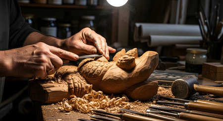 Close-up of a woodcarver's hands skillfully using a chisel to carve intricate details into a wooden sculpture. Wood shavings and various carving tools are scattered on the rustic workbench under a bright workshop light.の素材