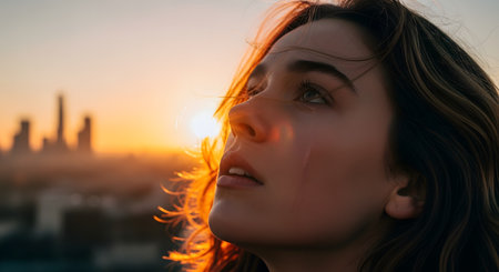 A close-up, emotional portrait of a young woman with a tear rolling down her cheek, looking up with a hopeful expression. She is backlit by the warm, golden light of a sunset, with a blurred city skyline in the background.の素材