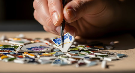 A close-up macro shot of a hand meticulously using tweezers to pick up a small, broken piece of ceramic with a blue and gold floral pattern. The fragment is being selected from a pile of various colorful, shattered tile pieces on a wooden surface, as part of a mosaic or kintsugi restoration project. This highlights precision, craft, and restoration.の素材