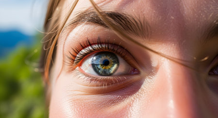 An extreme close-up macro shot of a person's left eye, which is a striking hazel or green-blue color. The detailed iris, pupil, long eyelashes, and eyebrow are in sharp focus, with soft, out-of-focus green foliage in the background.の素材