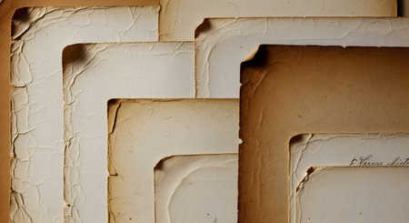 A close-up, top-down view of several sheets of old, aged paper stacked with staggered corners. The paper shows signs of wear, with yellowing, brown edges, and a cracked, craquelure texture. This background represents history, vintage documents, and nostalgia.の素材