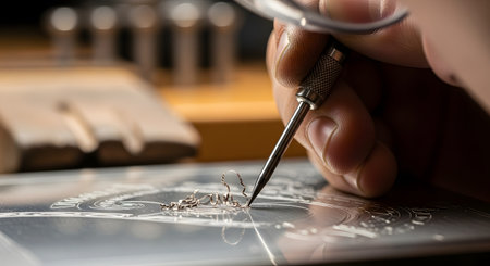 A macro close-up of a craftsman's hand using a sharp, pointed engraving tool to meticulously carve an intricate design onto a metal plate. Tiny metal shavings curl up from the precision work, highlighting the skill and craftsmanship.の素材