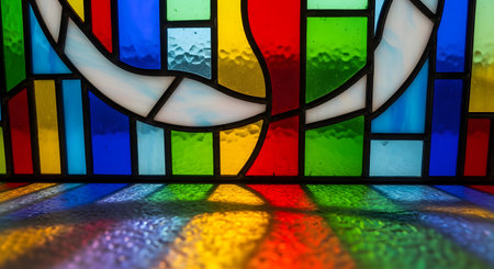 A close-up view of a vibrant stained glass window with abstract shapes in blue, red, green, and yellow. Bright light shines through, casting colorful, geometric reflections and shadows onto the surface below.の素材