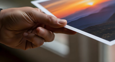 A close-up shot of a man's hand holding the corner of a high-quality photographic print. The photo shows a beautiful mountain landscape during a colorful sunset or sunrise, with soft, out-of-focus background.の素材