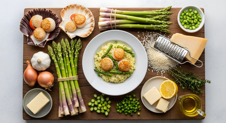 A flat lay, top-down view of ingredients for scallop and asparagus risotto, arranged on a wooden cutting board. A plate of the finished dish is in the center, surrounded by fresh ingredients like seared scallops, asparagus, arborio rice, parmesan cheese, shallots, butter, and lemon.の素材