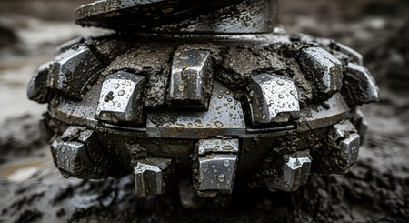 A macro close-up of a large, heavy-duty industrial drill bit head, possibly for mining or construction. The robust metal teeth are covered in wet mud and water droplets, suggesting recent use in a tough environment.の素材