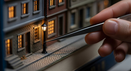 A macro shot of a hand using tweezers to meticulously place a tiny, glowing lamppost in a detailed miniature model of a street. The diorama features brick buildings with lit windows and a cobblestone sidewalk, showcasing the hobby of model building.の素材