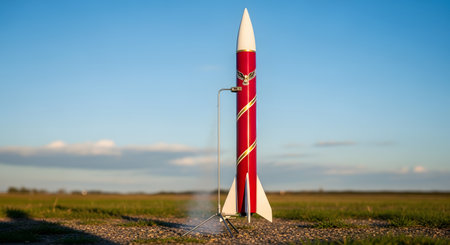 A red and white model rocket stands ready on its launch pad in a wide-open grassy field under a clear blue sky. The scene captures the anticipation and hobby of model rocketry, symbolizing science, experimentation, and aspiration.の素材