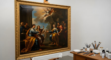 A large, classical oil painting in an ornate gold frame sits on an easel inside a restoration studio. The painting depicts a religious or mythological scene with multiple figures. To the side, a wooden table holds various restoration tools, including brushes, paints, and solvents, ready for conservation work.の素材