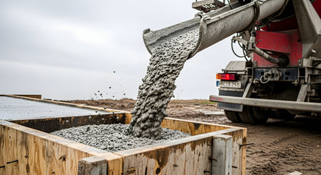 Wet cement is being poured from the chute of a concrete mixer truck into a wooden formwork at a construction site. The fresh, wet concrete is filling the foundation mold on a muddy ground under an overcast sky.の素材