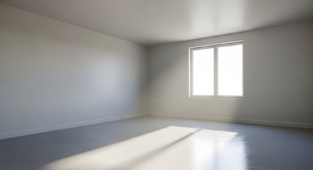 An empty room with plain white walls,white trim,and a grey concrete floor. Bright sunlight streams in through a single large window,casting a distinct patch of light and shadow on the floor. The room is minimalist,clean,and unfurnished.の素材