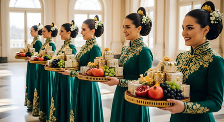 A line of smiling women in matching, elaborate green and gold traditional dresses stand in an elegant hall. Each woman holds a decorative tray laden with fruits and elaborately wrapped gifts, as if part of a formal ceremony, welcome, or celebration.の素材