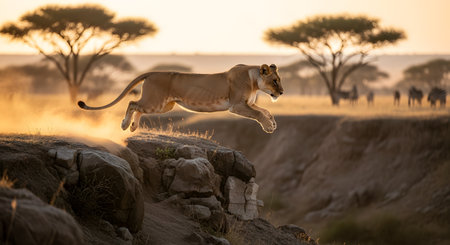 A lioness is captured in mid-air, leaping gracefully from a rocky ledge in the African savanna at sunset. The golden, backlit scene highlights the predator's muscular form and motion, with dust kicking up. A herd of animals, possibly zebras or wildebeest, is blurred in the background.の素材