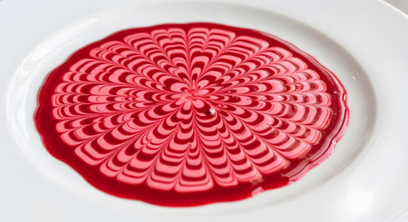 A top-down close-up of a gourmet food presentation on a white plate. A red and pink sauce, possibly raspberry or beetroot, is swirled into an intricate, web-like, or feathered pattern.の素材