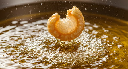 A macro close-up of a piece of pork rind, or chicharron, being deep-fried in hot, bubbling golden oil. The oil splashes as the snack puffs up, capturing the cooking process of this crispy, savory food.の素材