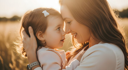A tender, close-up moment between a loving mother and her young daughter in a field at sunset. The mother smiles as they touch foreheads and noses, backlit by the warm, golden light of the sun.の素材