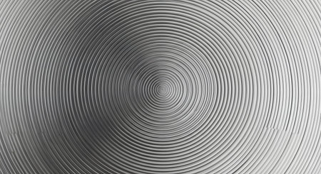 A full-frame, top-down abstract background of concentric metal rings. The texture is a bright, brushed aluminum or steel, creating a hypnotic, circular pattern that resembles a vinyl record or a metal pan bottom.の素材