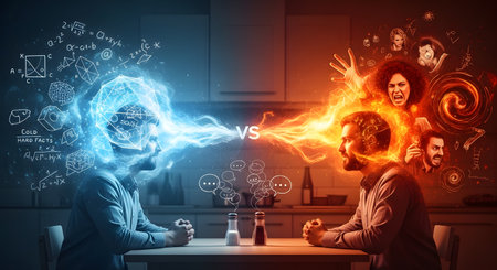A conceptual image depicting the conflict between logic and emotion. Two men face each other at a table, one surrounded by cool blue light with scientific formulas (logic), and the other by fiery orange light with emotional faces (emotion).の素材