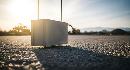 A close-up of a concrete breeze block or cinder block being lifted by cables, hovering just above the gravel ground. In the background, a construction site with heavy machinery is silhouetted against a bright sunrise or sunset.の素材
