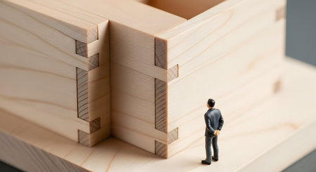A miniature figurine of a businessman in a suit stands and looks up at the large, expertly crafted dovetail joints on the corner of a wooden box. The conceptual image represents challenges, goals, construction, real estate, or business scale.の素材