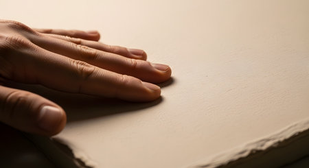 A close-up, macro shot of a hand gently touching the textured surface of high-quality, handmade paper. The sheet has a deckle edge, and warm, focused lighting highlights the fine details of the paper's grain and the skin, conveying a sense of touch and craft.の素材